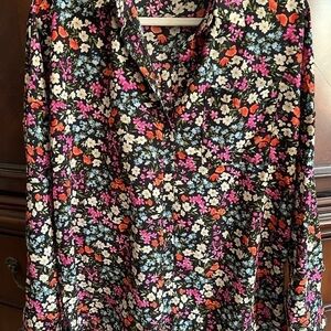 Black and Pink Long Sleeve Relaxed Blouse with Notched Collar